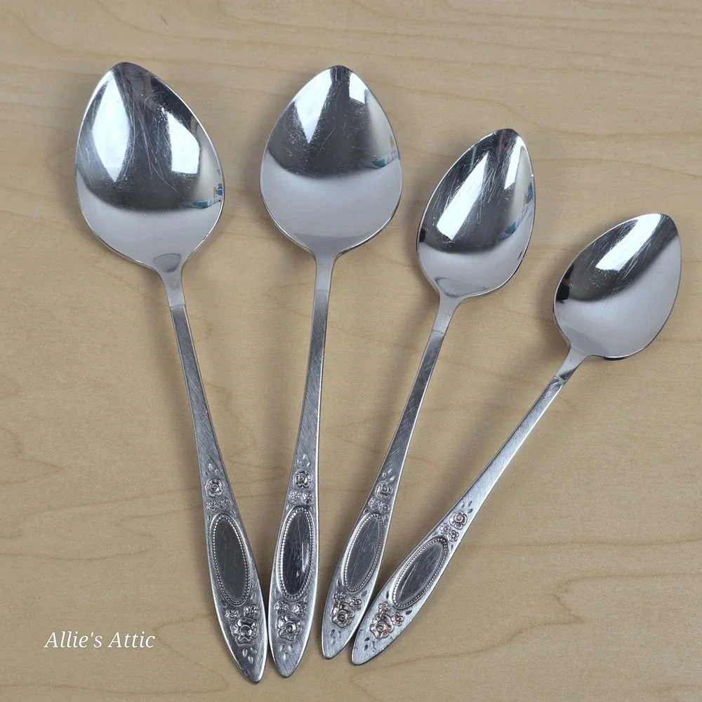 4 Oneida Stainless Table Teaspoons Set Vignette Floral Rose Community Flatware